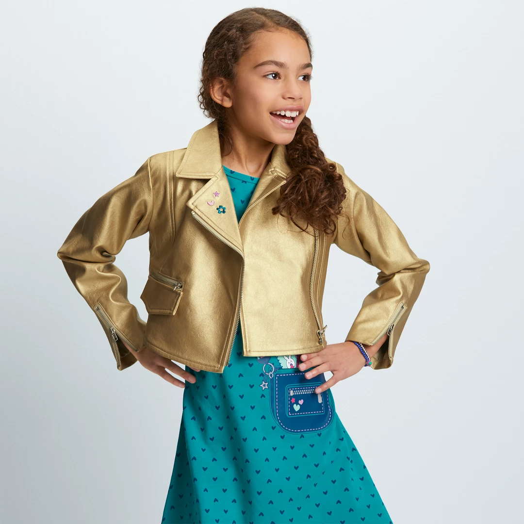 American Girl Ages 6+ Gold Moto Jacket & Heart Print Dress Outfit For Girls 3 American Girl Ages 6+ Gold Moto Jacket & Heart Print Dress Outfit For Girls