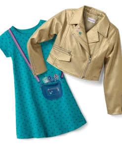 American Girl Ages 6+ Gold Moto Jacket & Heart Print Dress Outfit For Girls