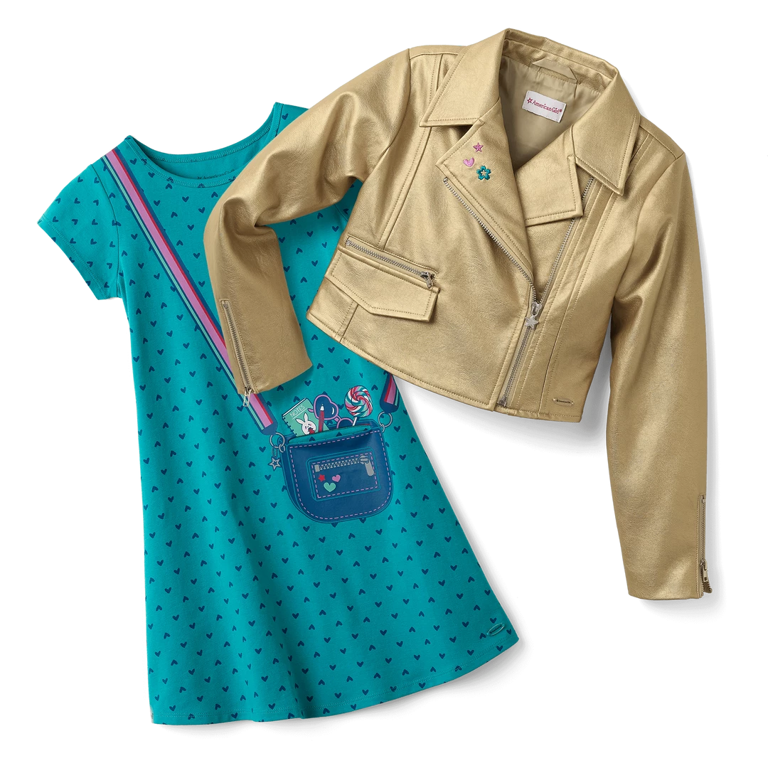 American Girl Ages 6+ Gold Moto Jacket & Heart Print Dress Outfit For Girls 4 American Girl Ages 6+ Gold Moto Jacket & Heart Print Dress Outfit For Girls