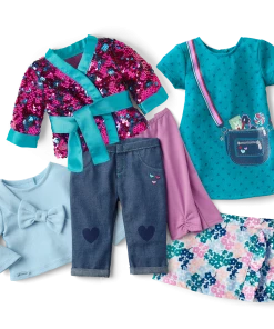 American Girl Heart Print Dress & Sparkling Sequins Kimono Outfit For 18-inch Dolls